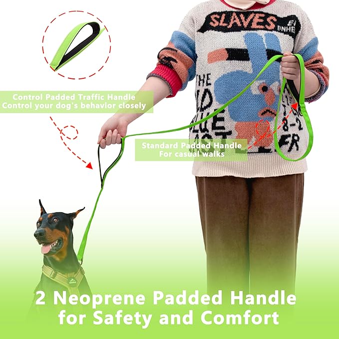 Dog Leash 6.5ft Long, Double Handle Dog Leash for Safety Control Training, Heavy Duty Dog Leads with Traffic Padded Handles, Reflective Leashes for Small Medium Large Dogs(6.5ft, Green)