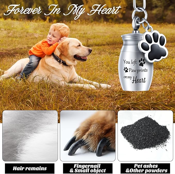 Tudomro 2 Pcs Pet Dog Urns Keychain for Ashes with 2 Storage Bags Small Cat Cremation Keepsake Jewelry Paw Print Memorial Urn