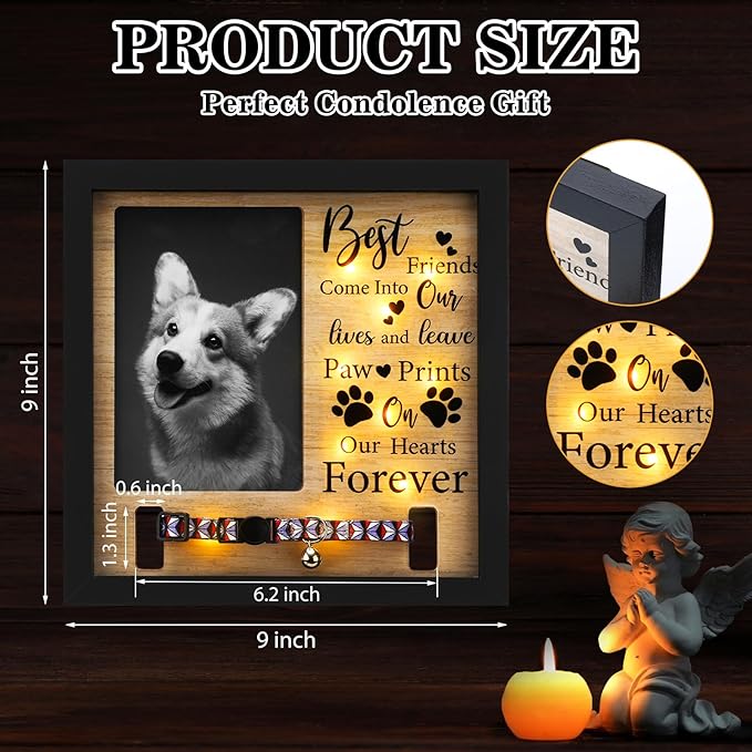 Thyle Dog Memorial Picture Frame Collar Holder and LED Light 9 x 9 Inch Pet Memory Gift Memorial Frame for Loss of Pet Sympathy Gift for Remembrance Bereavement Passed Away Loss of Dogs Cats