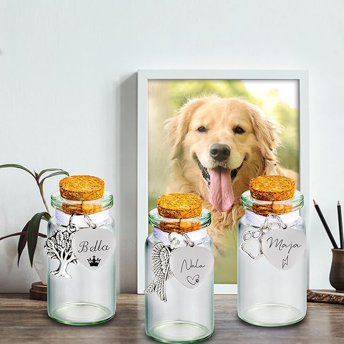 3pcs Personalized Pet Fur Keepsake Jar Custom Memorial Urn Bottles for Pet Ashes, Hair & Teeth, Sympathy Gift for Loss of Dog Cat(Customized)
