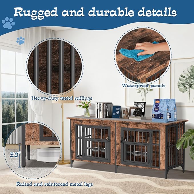 Grepatio 63" Double Dog Crate Furniture for 2 Dogs, Large Dog Kennel with 360° Rotating Feeder Bowls, Indoor Double Dogs Crates with 4 Doors, Wooden Crate TV Stand with Removable Divider