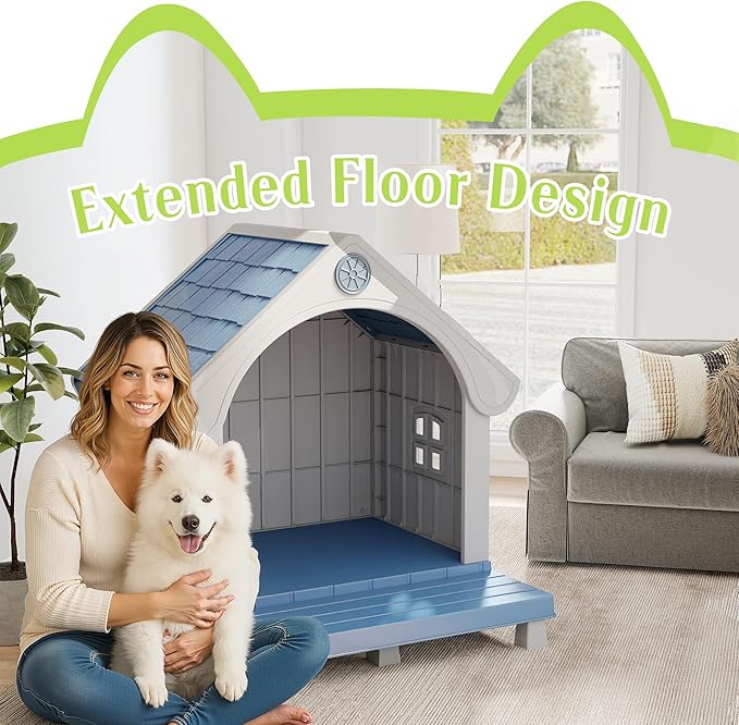 DRATO Large Dog House Outdoor Indoor, Sturdy Plastic Waterproof Doghouse with Air Vents and Elevated Floor, Easy Clean & Assemble for Medium Large Dogs (Blue, 33" L×31.5" W×38" H)