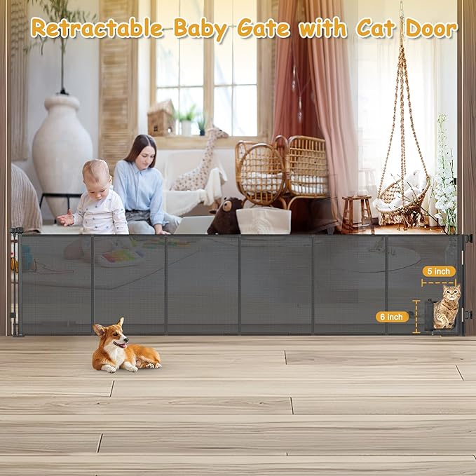 Reinforced 150” Extra Wide Retractable Baby Gate with Cat Door 12.5ft Outdoor Pet Gates for Wide Openings 33 Inch Tall Retractable Dog Gates for Doorways Long Pet Gate Indoor with Cat Door, Black