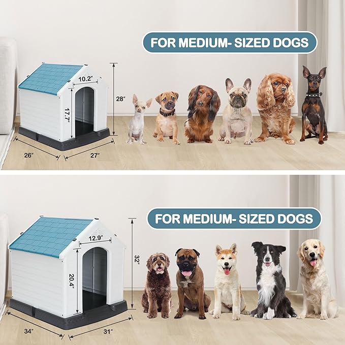 Durable Waterproof Plastic Dog House for Small to Large Dogs Indoor Doghouse Puppy Shelter with Air Vents and Elevated Floor, Outdoor Kennel for Yard, Patio, Garage, Easy to Assemble