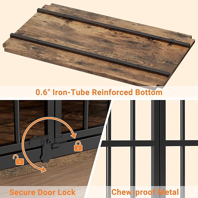 31.5" Dog Crate Furniture, Wooden Dog Kennel Indoor with 360° Rotating Feeder and 2 Adjustable Bowls, Decorative Side End Table Dog Cage for Medium and Small Dogs, Rustic Brown