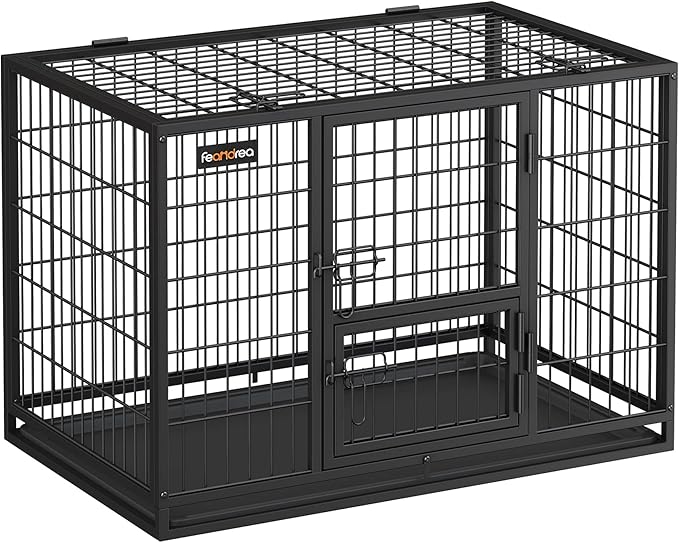 Feandrea Heavy-Duty Dog Crate, Dog Cage, 92.5 x 57.5 x 64 cm, for Small and Medium Dogs, Anti-Escape, Double Removable Door, Easy Cleaning, Pet Cage, L, Black PPD002B01