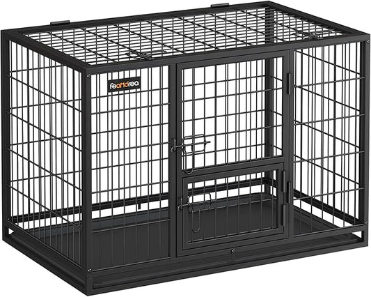 Feandrea Heavy-Duty Dog Crate, Dog Cage, 92.5 x 57.5 x 64 cm, for Small and Medium Dogs, Anti-Escape, Double Removable Door, Easy Cleaning, Pet Cage, L, Black PPD002B01