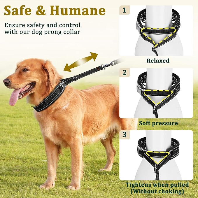 Mayerzon Prong Collar for Large Medium Dogs, Patented Reflective Pinch Collar with Metal Buckle, No Pull Adjustable Hidden Covered Dog Walking Training for Pitbull German Shepherd Doberman(Black, L)