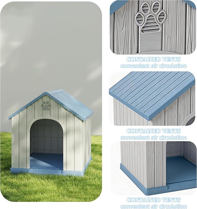 DRATO Indoor & Outdoor Dog Houses, Resin Material Pet Shelter with Waterproof Feature and Ventilated Design,Blue