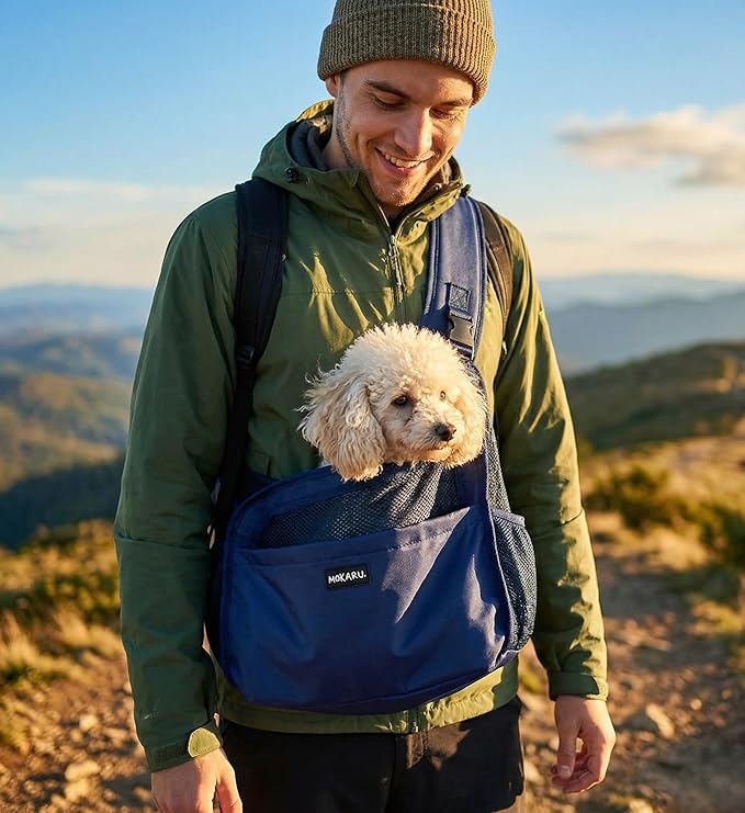 Small Dog Sling Carrier Bag, Hands-Free Dog Carrier Sling with Safety Buckle, Breathable Mesh, Adjustable Strap, Padded Back, Storage Pockets, Pet Carrier for Dogs, Cats, Puppies up to 8–10 lbs