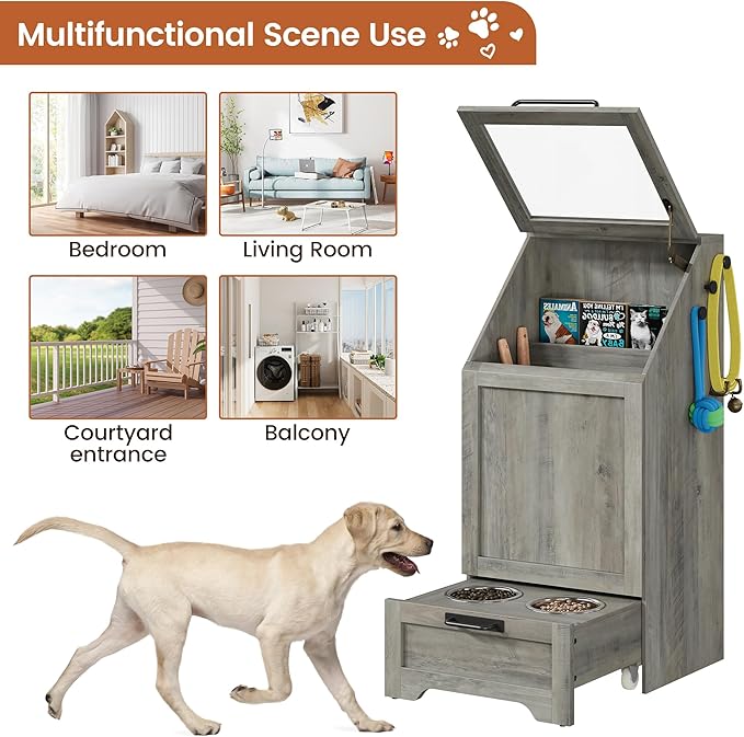 Dog Feeding Station with 2 Elevated Dog Bowls, Pet Feeding Station,Flip Top Pet Food Cabinet,Pet Food Container,Pet Toy Storage Organizer,Modern Storage Organizer,Grey