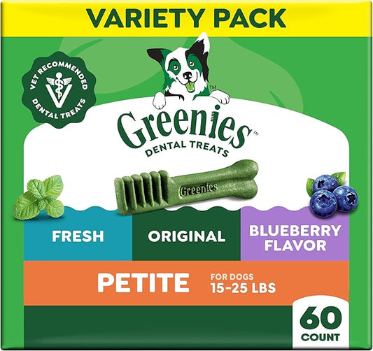 Greenies Veterinarian-Recommended Adult Natural Dental Dog Treats Petite Size, Variety Pack Flavor, (3) 12 oz. Packs, 60 Count