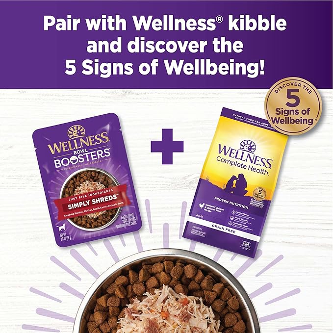 Wellness Bowl Boosters Simply Shreds Wet Dog Food Topper for Small, Medium, & Large Breeds, Grain Free, Natural, Chicken Liver & Broccoli, 2.8 Ounce Pouch (Pack of 12)