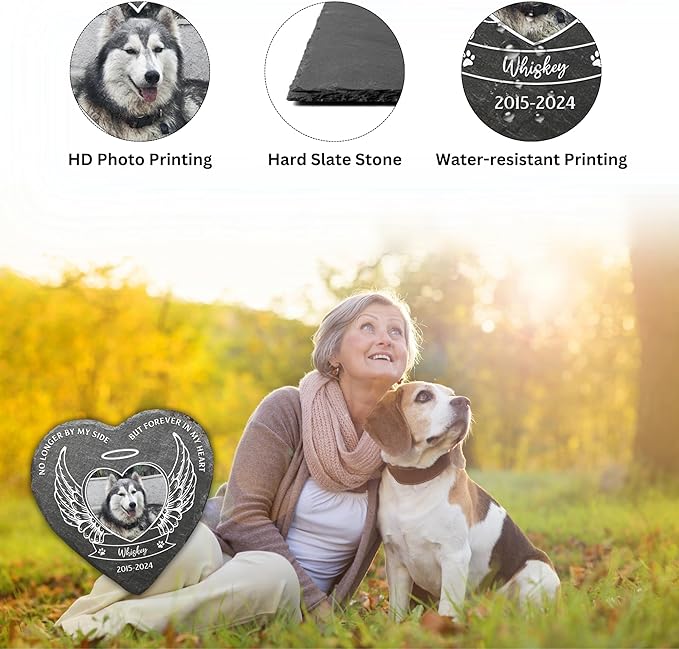 Wrappiness Pet Memorial Stone - No Longer by My Side Forever in My Heart, Personalized Dog Memorial Gifts, Remembrance Condolences Bereavement Gifts for Loss of Pet Custom Photo (Heart 04, Stone)