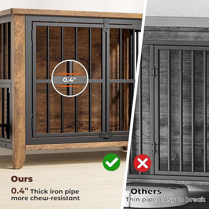 Lulive Dog Crate Furniture, Wooden Dog Kennel Indoor with Adjustable 360°& Height Dog Bowls, Double Doors Furniture Dog Crates End Table for Small/Medium 31.5" L*22.5" W*25.6" H, Brown