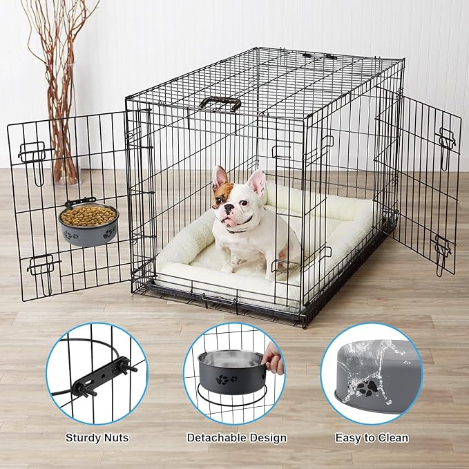 Dog Bowl Kennel Water Bowl Hanging Stainless Steel Pet Food Water Bowl Cage Feeding Cup Feeder for Medium and Small Dogs Cats (Gray, Large 7.1")