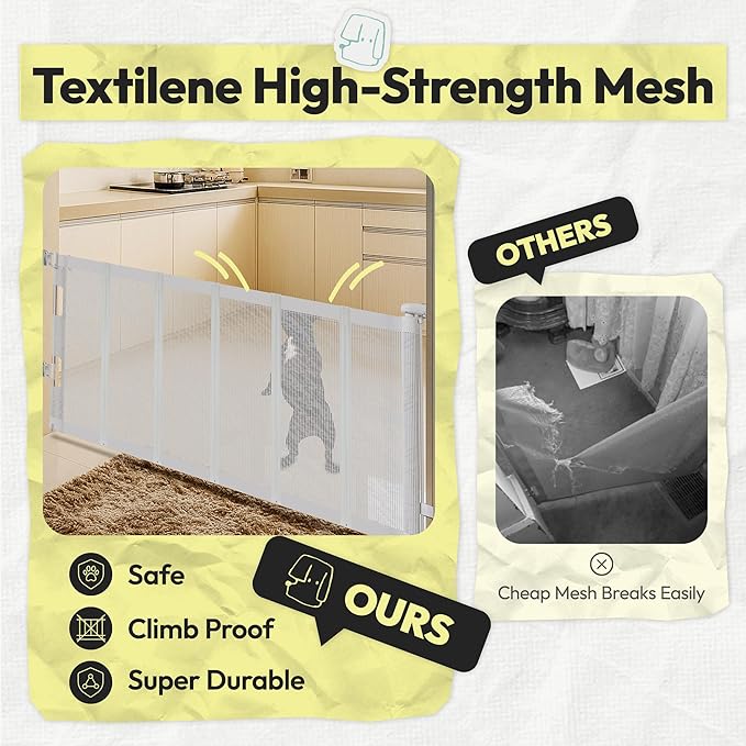 34" H Tall Mesh Dog Gate Extends Up to 150" W Retractable Pet Gate with Drill Installation, Preventing Crawling Through for Stairs, Doorways, Indoor & Outdoor (White)