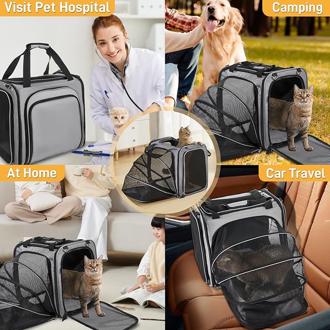Cat Carrier with Litter Box for Large Cats, Expandable Cat Carrier for Car Travel Long Distance, Dog Carrier for Pets up to 20 lbs, Gray