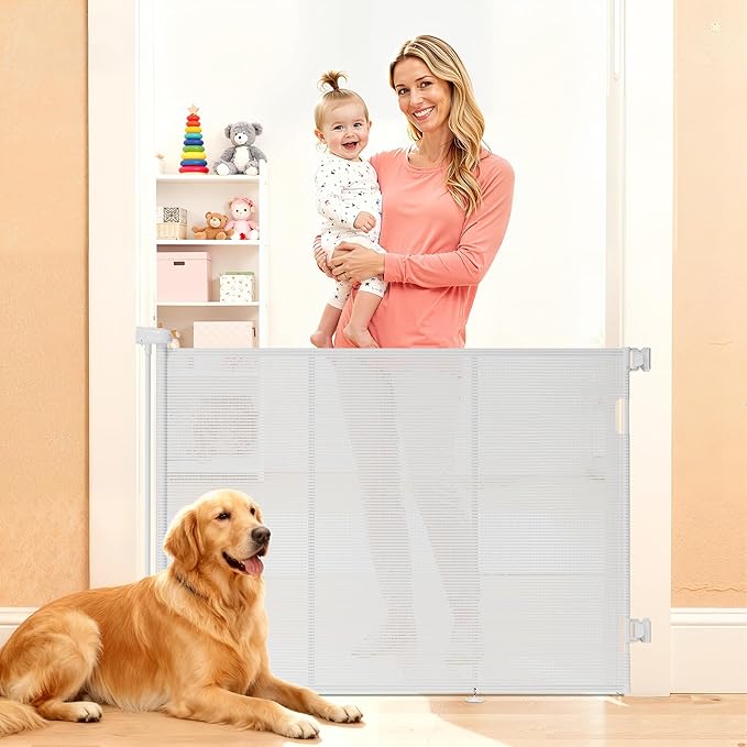 Retractable Baby Gate for Stairs, 48" Tall X 59" Wide Mesh Dog Gate Indoor, Child Gate for Doorways, Hallways, Deck, Indoor Outdoor Pet Baby Safety Essentials for Home, White