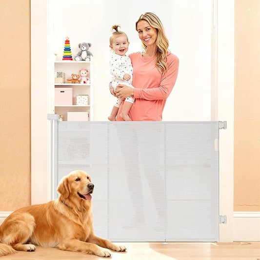 Retractable Baby Gate for Stairs, 48" Tall X 59" Wide Mesh Dog Gate Indoor, Child Gate for Doorways, Hallways, Deck, Indoor Outdoor Pet Baby Safety Essentials for Home, White