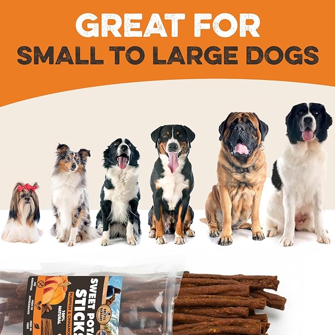 USA Sweet Potato Dog Treats - Grain Free, Cinnamon Pumpkin Crunchy Sticks are Great Tasting, Promote Positive Dog Gut Health with Natural Anti-Diarrhea Properties, no Preservatives Added