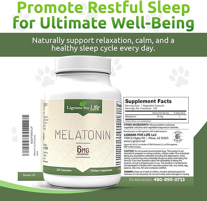 Lignans for Life Melatonin for Dogs & People, 6mg - 120 Capsules - Capsules - Pet Treats - Vitamins for Overall Health