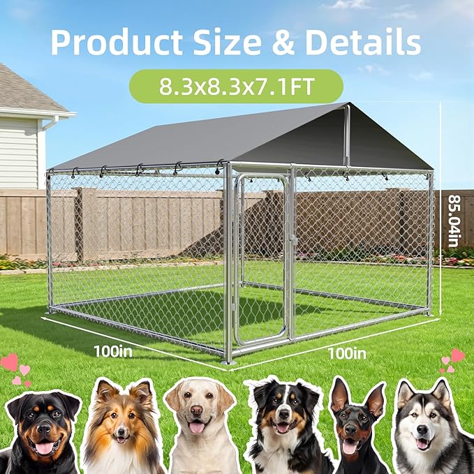 8.3x8.3 ft Outdoor Dog Kennel Outside with Waterproof UV-Resistant Cover, Heavy Duty Dog Enclosure House with Steel Fence and Secure Lock for Dogs