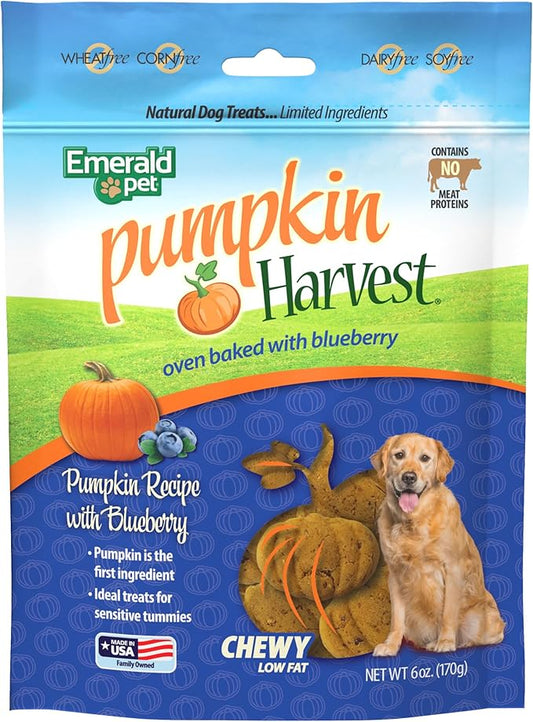 Emerald Pet Pumpkin Harvest Dog Treats - Low-Fat Chewy Natural Dog Treats with Pumpkin for Digestive Health - Meat Free, Poultry Free, Wheat Free - Blueberry, 6 oz