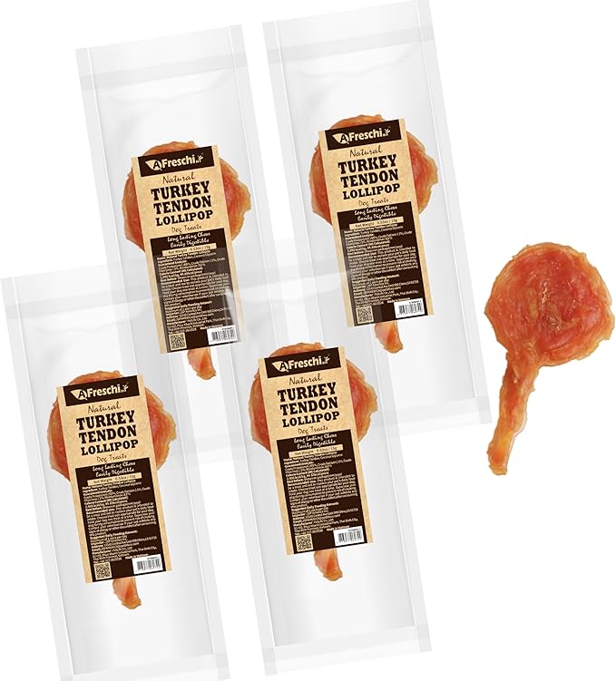 A Freschi srl Turkey Tendons for Dogs, Long-Lasting, Hypoallergenic Rawhide Alternative, Human Grade, Healthy Puppy Chews, Natural Dog Treats for Small Dogs, Lollipop (S), 4 Count Pack