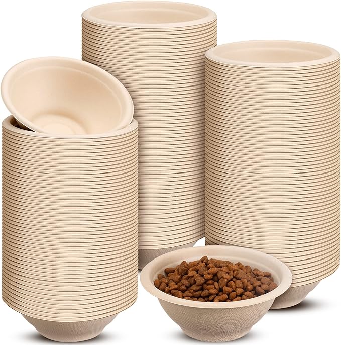 Thenshop 200 Pcs Biodegradable Disposable Pet Bowls Bulk Travel Paper Food Bowls for Small Dogs Puppy Cat Food Dish Safe Container for Outdoor Small Animal Feeding and Watering Supplies(8 oz)