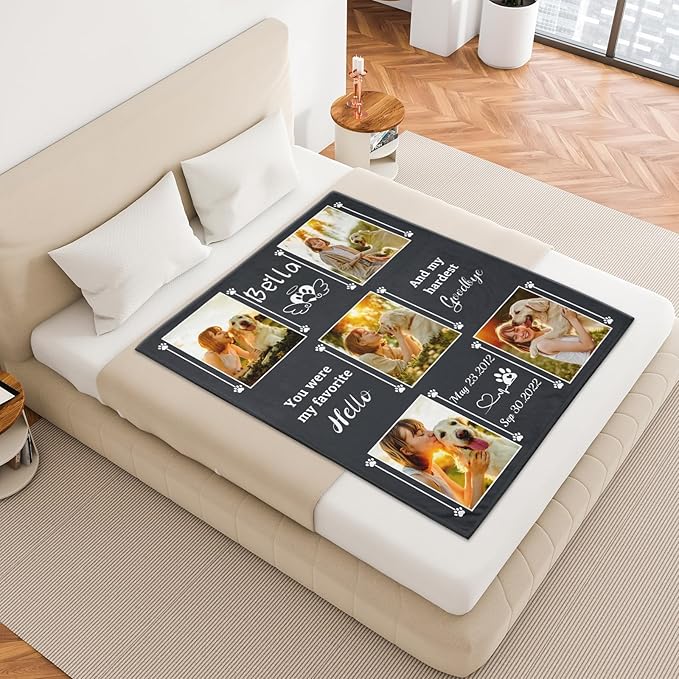 Pet Memorial Blanket Gift - Personalized Dog Memorial Blanket with Photo Name, Pet Sympathy Gifts for Dogs Lovers, Custom Loss of Dog Grief Blankets, Pets Remembrance Bereavement Gifts (5 Photos)