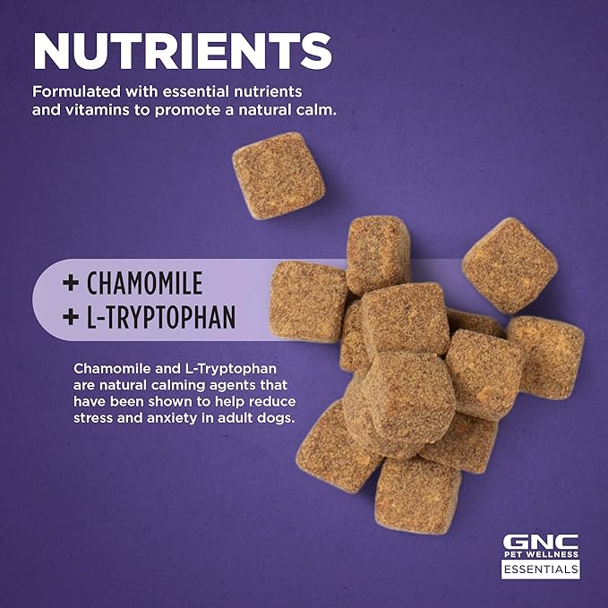 GNC Pets Essentials Calming Soft Chews for Dogs, Bacon Flavor Calming Supplement with Chamomile, Passion Flower, L-Tryptophan and Thiamine for Puppies and Adult Dogs, 60 Count - 3 Pack