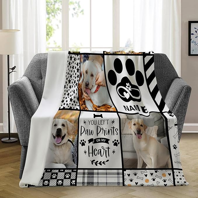 Ship Next Day, Personalized Pet Memorial Gifts, Custom Dog Blanket with Pictures Name, Customized Pet Memorial Photo Blanket, Loss of Pet Sympathy Gift, Dog Passing Away Bereavement Gifts