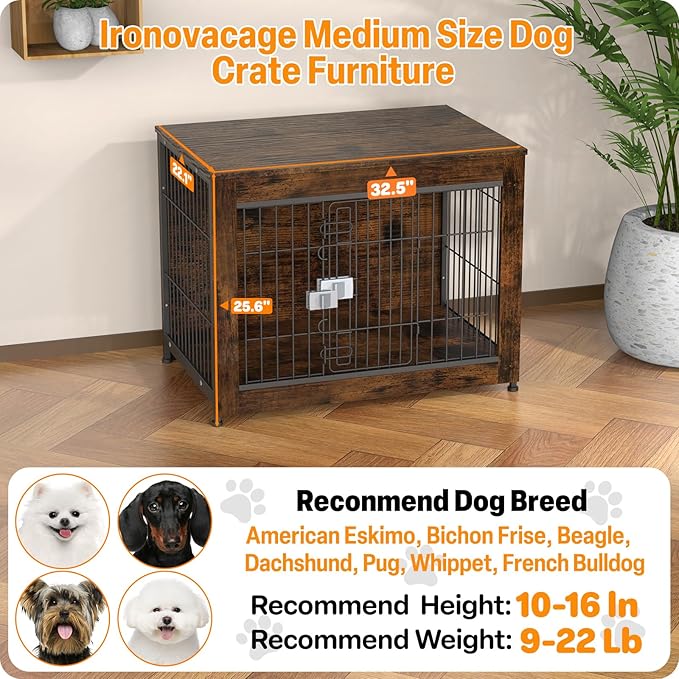 Furniture Style Dog Crate, 32" Wooden Dog Kennel End Table with Solid Top, Indoor Pet Crate House with Secure Slide Lock, Modern Dog Cage Furniture for Small & Medium Dogs, Aged Black