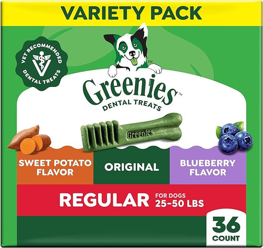 Greenies Veterinarian-Recommended Natural Dental Dog Treats, Dental Chews for Dogs, Regular Size, Variety Pack, (3) 12 oz. Packs, 36 Count