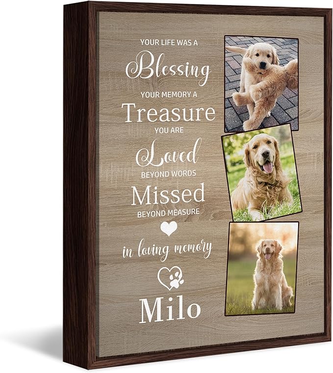 Custom Dog Memorial Gifts, Dog Memorial Canvas Framed with Photo, Personalized Paw Prints with Name and Text, Dog Loss Sympathy Ornament Gift for Dog Cat Lover Owners