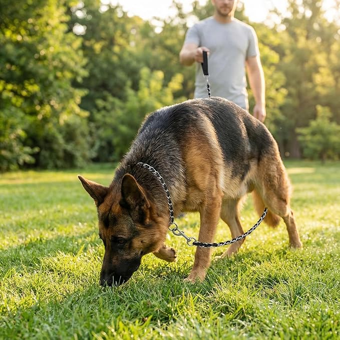 Chew Proof Metal Dog Leash with Built-in P-Chain Collar - 2FT/4FT for Small/Medium/Large Dogs (30-150lb), Anti-Bite Chain Link with Soft Padded Handle, 360° Rotating Clasp Black