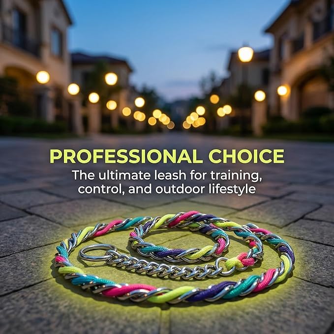 Chew Proof Metal Dog Leash with Built-in P-Chain Collar - 2FT/4FT for Small/Medium/Large Dogs (30-150lb), Anti-Bite Chain Link with Soft Padded Handle, 360° Rotating Clasp Colorful