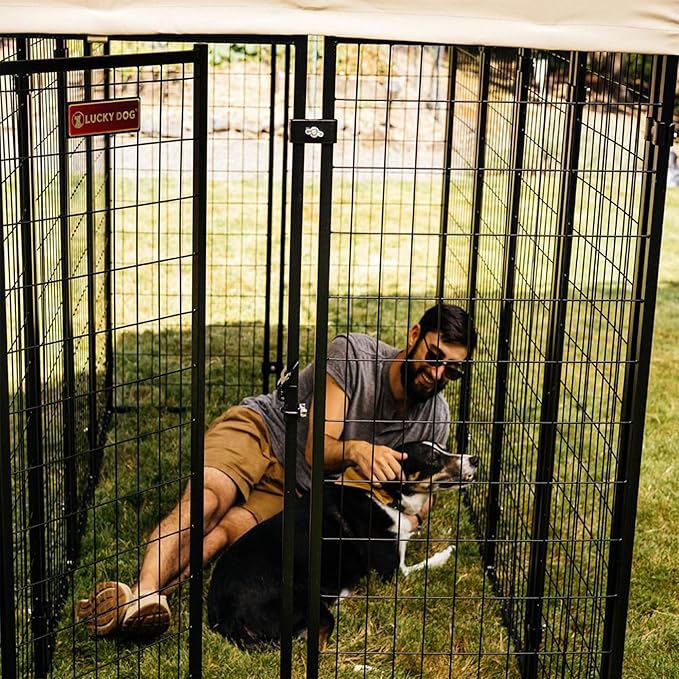 Lucky Dog Stay Series 4 x 8 Feet Villa Black Powder Coat Steel Frame Large Outdoor Dog Kennel with Waterproof Canopy Roof and Single Gate Door, Khaki
