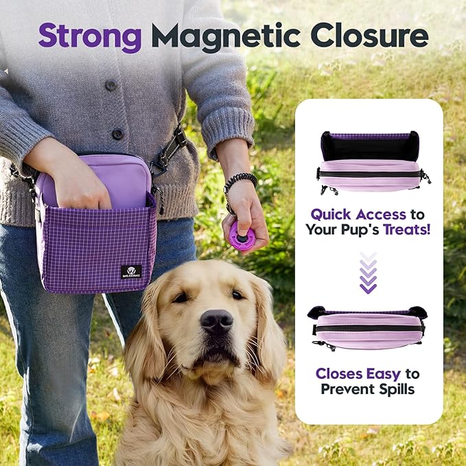 Dog Treat Pouch – Large Capacity with Magnetic Closure, Dog Walking Fanny Pack Built-in Poop Bag Dispenser, Clicker & Collapsible Bowl for Training & Walking - Purple