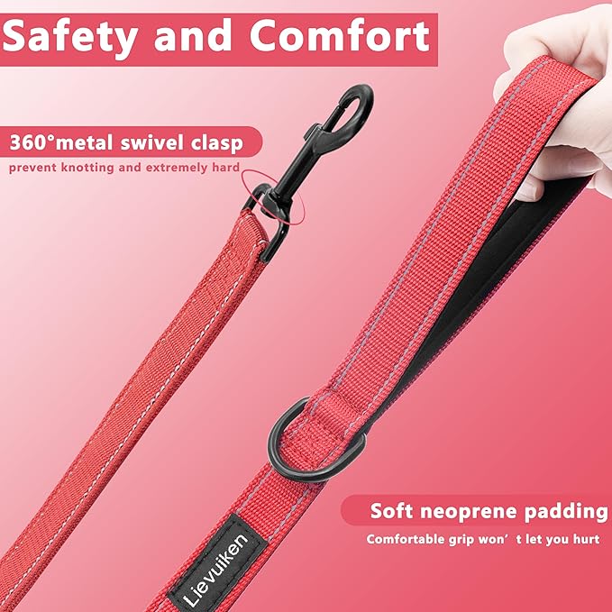 Dog Leash 6ft Long, Double Handle Dog Leash for Safety Control Training, Heavy Duty Dog Leads with Traffic Padded Handles, Reflective Leashes for Small Medium Large Dogs(6ft, Red)