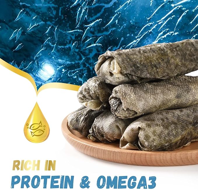 Dog Treats Natural Cod Skin Rolls, Rawhide-Free Chewy Fish Skin Dog Chews for Medium Large Breeds, One-Ingredient Healthy Training Treats Rich in Omega3 & Protein, 10.6 oz