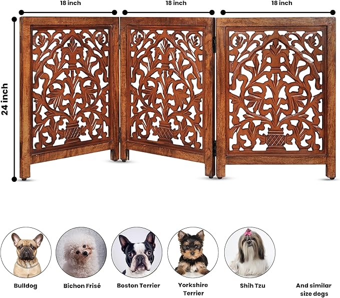 Decorative Wooden Pet Gate, Dog Fence, Cat Gate, Foldable, Adjustable, Portable, Extra-Wide, Wooden Dog Barrier, Free-Standing Puppy Gate 3 Panels for Indoor, Doorways, Stairs-24x54 Inch Antique Burnt