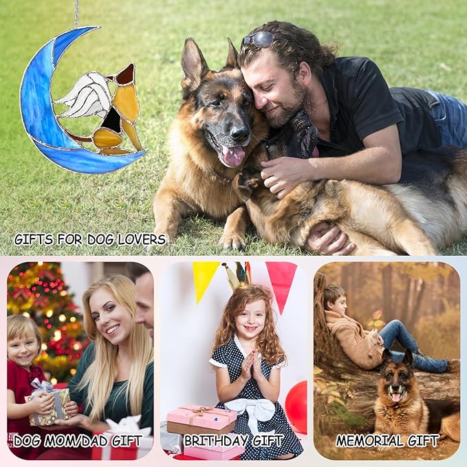 Dog Memorial Gifts for Loss of Dog - Pet Memorial Gifts for Dogs-Angel German Shepherd on Blue Moon Stained Glass Window Hanging, Dogs Passing Away Sympathy and Remembrance Comforting Pet Loss Gifts