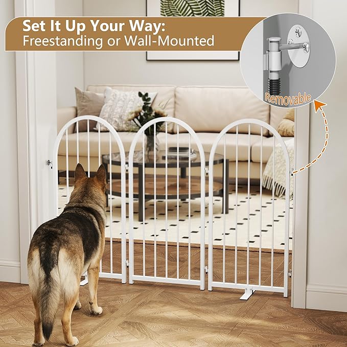 Full Metal Dog Gate for Indoor Outdoor, 32" Tall Free Standing Pet Dog Fence, 54" Wide Arched Pet Gates for Stairs, Hallways, Doorways, Kitchen, Decks, Yards (White, 3 Panels)