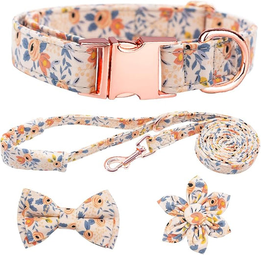 Dog Collar and Leash Set Girls Adjustable Puppy Collars with Floral Bow Tie for Small Medium Large Female Dogs, Orange Flower, XS