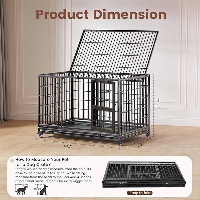 Gardner Pet 43 inch Stackable Heavy Duty Dog Crate,Indestructible Escape-Proof Dog Kennel for Medium Dogs,High Anxiety Dog Cage with Upgraded Lockable Wheels，Removable Tray & Triple Door,Black