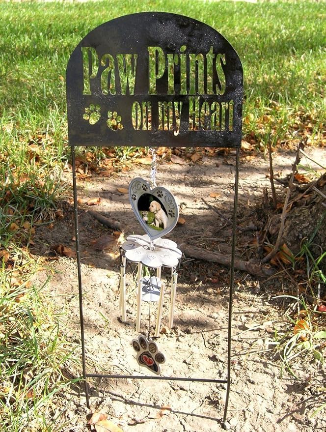 Pet Memorial - Garden Marker with Wind Chimes and Photo Frame- Black Wrought Iron Garden Stake and Windchime - Paw Prints on My Heart - Dog or Cat Loss Gift - Pet Memorial Gifts - 22.5" H
