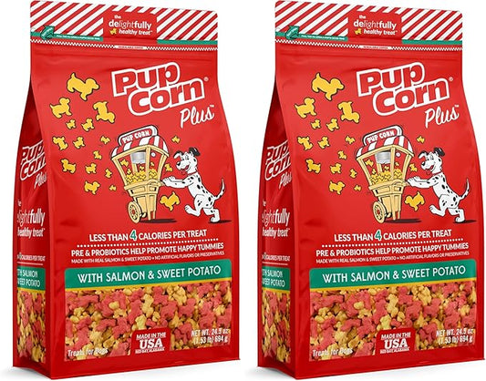 Pup Corn Plus - Puffed Dog Treats with Prebiotics and Probiotics - Salmon & Sweet Potato (24oz) - Made in USA (Pack of 2)