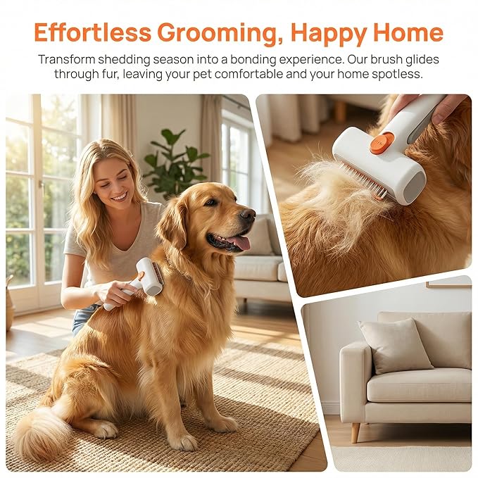 2-in-1 Pet Self-Detangling & Grooming Comb, One-Touch Dematting Brush For Long Hair Dogs. Undercoat Rake To Remove Loose Furs, Stubborn Mats Tangles, Professional Deshedding Tool Cats (1PCS)